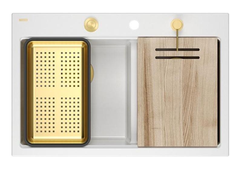 Chiuvetă dublă Quadri Hard Rock din granit alb, de suprafață, 76x50 cm, cu dop de aur și accesorii 1208971392