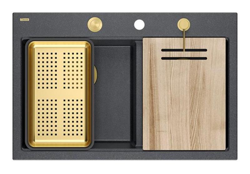 Chiuveta dublă Quadri Hard Rock din granit antracit de suprafață 76x50 cm cu dop de aur și accesorii 1208971393