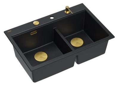 Chiuvetă dublă Quadri Hard Rock din granit negru, montare pe blat 76x50 cm cu dop auriu și accesorii 1208971395