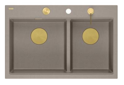 Chiuveta de suprafață Quadri Hard Rock dublă, culoare granit gri-taupe, 76x50 cm, cu dop de aur și accesorii 1208971396