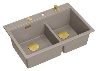 Chiuveta de suprafață Quadri Hard Rock dublă, culoare granit gri-taupe, 76x50 cm, cu dop de aur și accesorii 1208971396
