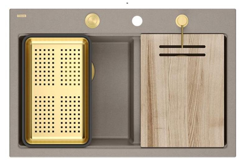 Chiuveta de suprafață Quadri Hard Rock dublă, culoare granit gri-taupe, 76x50 cm, cu dop de aur și accesorii 1208971396