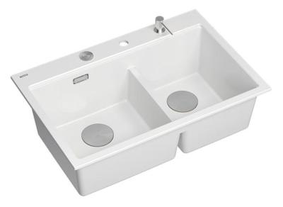 Chiuveta dublă Quadri Hard Rock din granit alb, montare la suprafață 76x50 cm, cu dop din inox și accesorii 1208971398