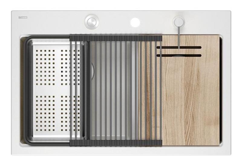 Chiuveta dublă Quadri Hard Rock din granit alb, montare la suprafață 76x50 cm, cu dop din inox și accesorii 1208971398