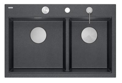 Chiuveta dublă Quadri Hard Rock din granit antracit, montare pe blat, 76x50 cm, cu dop din inox și accesorii 1208971399