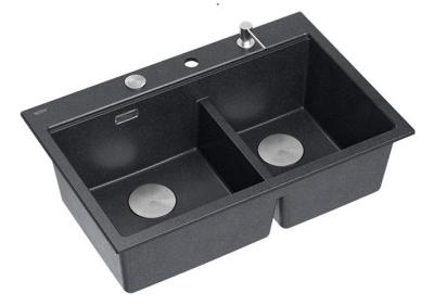 Chiuveta dublă Quadri Hard Rock din granit antracit, montare pe blat, 76x50 cm, cu dop din inox și accesorii 1208971399