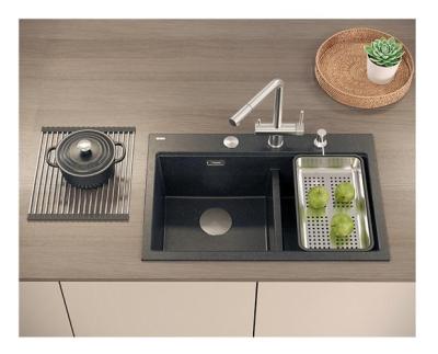 Chiuveta dublă Quadri Hard Rock din granit antracit, montare pe blat, 76x50 cm, cu dop din inox și accesorii 1208971399