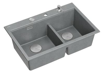 Chiuvetă dublă Quadri Hard Rock din granit gri, montare de suprafață, 76x50 cm, cu dop din oțel inoxidabil și accesorii 1208971400