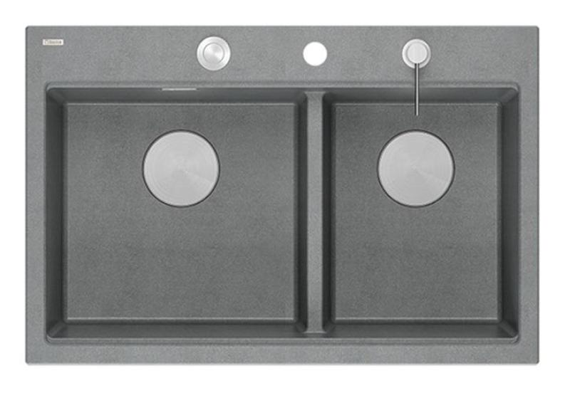 Chiuvetă dublă Quadri Hard Rock din granit gri, montare de suprafață, 76x50 cm, cu dop din oțel inoxidabil și accesorii 1208971400