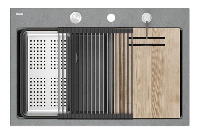 Chiuvetă dublă Quadri Hard Rock din granit gri, montare de suprafață, 76x50 cm, cu dop din oțel inoxidabil și accesorii 1208971400