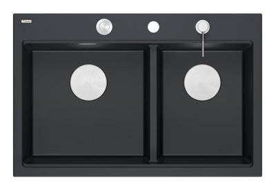Chiuveta dublă Quadri Hard Rock din granit negru 76x50 cm cu dop din oțel inoxidabil și accesorii 1208971401
