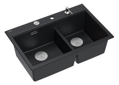 Chiuveta dublă Quadri Hard Rock din granit negru 76x50 cm cu dop din oțel inoxidabil și accesorii 1208971401