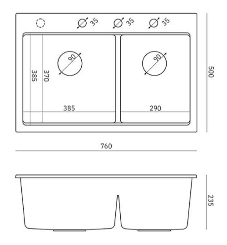 Chiuveta dublă Quadri Hard Rock din granit negru 76x50 cm cu dop din oțel inoxidabil și accesorii 1208971401