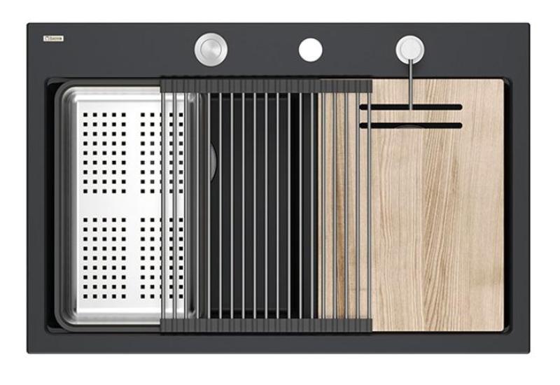 Chiuveta dublă Quadri Hard Rock din granit negru 76x50 cm cu dop din oțel inoxidabil și accesorii 1208971401