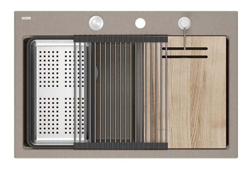 Chiuveta dublă Quadri Hard Rock din granit maro-închis, montare deasupra blatului, 76x50 cm, cu dop din oțel inoxidabil și accesorii 1208971402