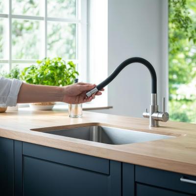 Baterie de bucătărie Quadri Selene din oțel inoxidabil cu 3 căi, cu gură de evacuare flexibilă și conexiune suplimentară pentru apă filtrată 1208971407