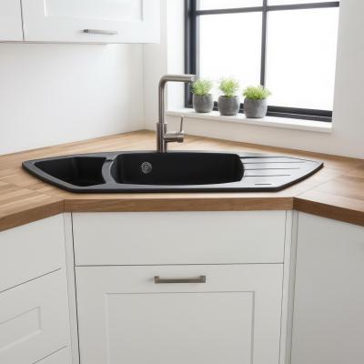 Graniteland Monte Granit negru Chiuveta de colț de suprafață 901x538mm cu Plug din oțel inoxidabil 1208971413