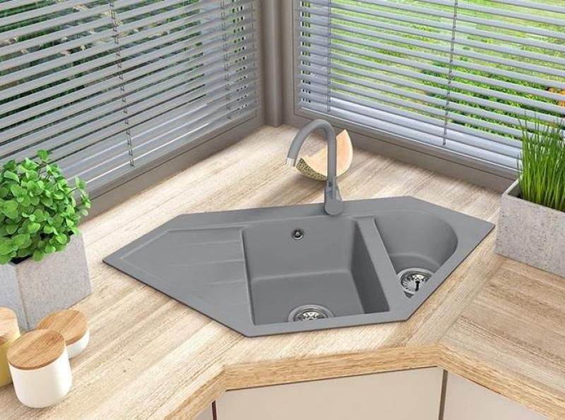 Graniteland Amiata Granit gri cufăr de colț pentru montare pe suprafață 965x496mm cu Plug din oțel inoxidabil 1208971419