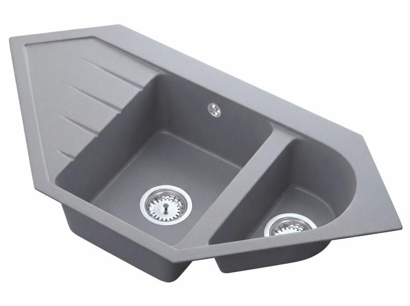 Graniteland Amiata Chiuvetă de colț din granit gri, montată pe blat, 955 x 489 mm, cu dop din oțel inoxidabil 1208971419