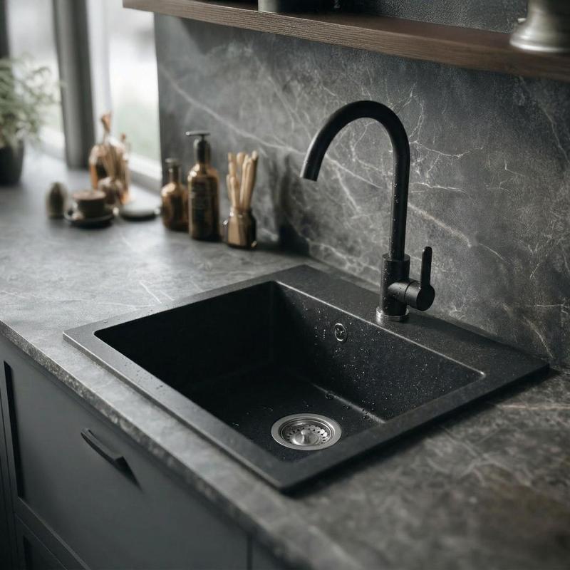 Graniteland Nera Chiuvetă din Granit 45x42 cm Aspect de piatră de ardezie Montare cu banca de găuri pentru robinet și plug din oțel inoxidabil 1208971432