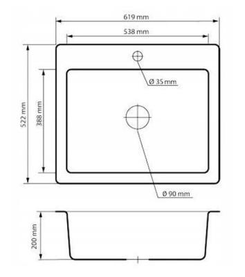Graniteland Vastone Chiuvetă de granit 619x522 mm Negru de suprafață cu orificiu pentru robinet și dop de inox 1208971443