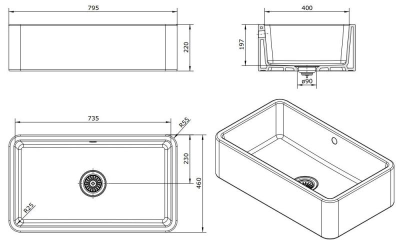 Ausmann Ceramic Mira Chiuveta ceramică albă - Submontare și între construcții 795 x 460 mm cu dop de cupru 1208971467