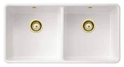Ausmann Ceramic Mira Chiuvetă dublă ceramică albă - Montare sub și între 890 x 456 mm cu dopuri aurii 1208971471