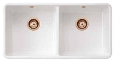 Ausmann Ceramic Mira Chiuvetă dublă ceramică albă - Submontaj și intermediar 890 x 456 mm cu dopuri de cupru 1208971472