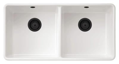 Ausmann Ceramic Mira Chiuvetă dublă ceramică albă - Submontare și intermediară 890 x 456 mm cu dopuri negre 1208971474