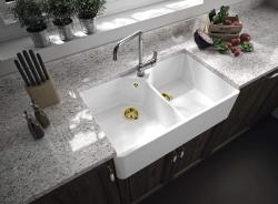 Ausmann Ceramic Mira Ceramică Albă Chiuvetă Dublă - Submontaj și Între Montaj 793 x 450 mm cu bancă de găuri pentru robinet și plug auriu 1208971476