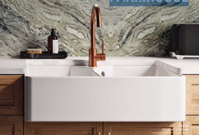 Ausmann Ceramic Mira Ceramică Albă Chiuvetă Dublă - Submontaj și Între Montaj 793 x 450 mm cu bancă de găuri pentru robinet și plug auriu 1208971476