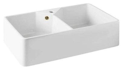 Ausmann Ceramic Mira Ceramică Albă Chiuvetă Dublă - Submontaj și Între Montaj 793 x 450 mm cu bancă de găuri pentru robinet și plug auriu 1208971476