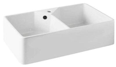 Ausmann Ceramic Mira Chiuvetă dublă ceramică albă - Submontaj și Intermediar 793 x 450 mm cu gaură pentru robinet și dop metalic Gun metal 1208971478