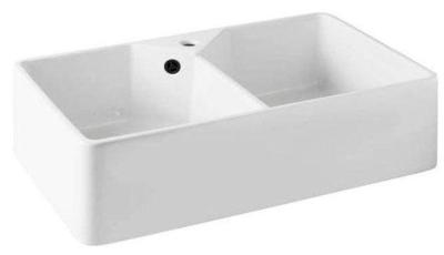 Ausmann Ceramic Mira Chiuvetă dublă ceramică albă - Montare inferioară și intermediară 793 x 450 mm cu banc de robinete și dop negru 1208971479
