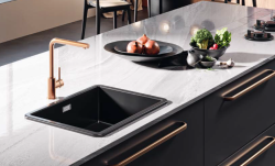 Ausmann Ceramic Ember Chiuveta pătrată ceramică în negru mat Suprafață și submontare 40 x 40 cm cu dop auriu 1208971486