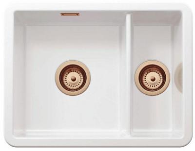 Ausmann Ceramic Ember Vas de bucătărie ceramică albă cu o cuvă și jumătate Montaj de suprafață și submontaj 495 x 370 mm cu dopuri de cupru 1208971514