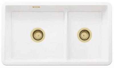 Ausmann Ceramic Ember Chiuvetă ceramică albă de unul și jumătate Încorporabilă și submontabilă 733 x 401 mm cu dopuri aurii 1208971518