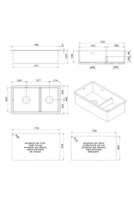 Ausmann Ceramic Ember Chiuvetă Ceramică Albă de O Sutime și Jumătate Suprafață și Submontare 733 x 401 mm cu Pluguri de Cupru 1208971519