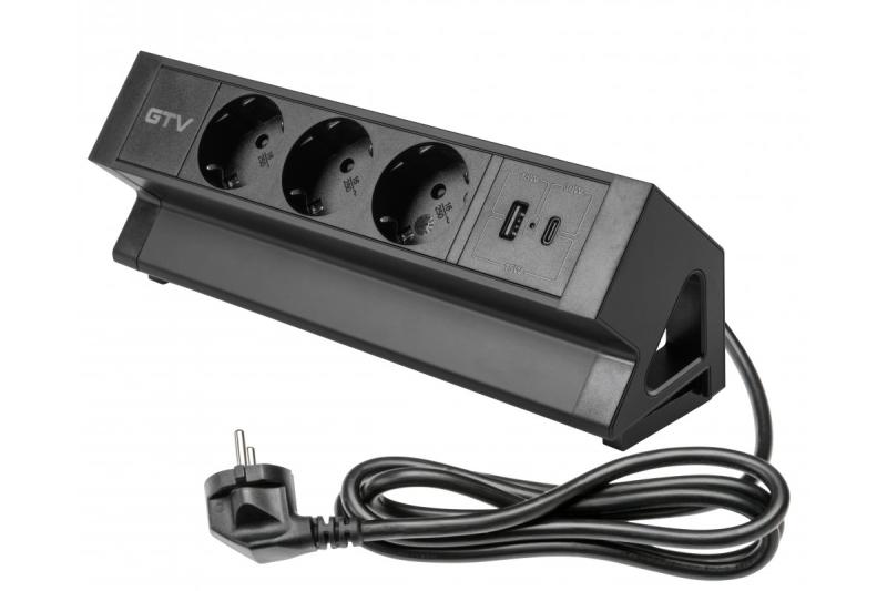 Priză mobilier BASCO, 3xSHUKO, USB A+C, cablu 1,5 m, negru