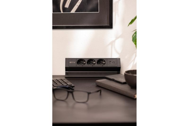 Priză mobilier BASCO, 3xSHUKO, USB A+C, cablu 1,5 m, negru