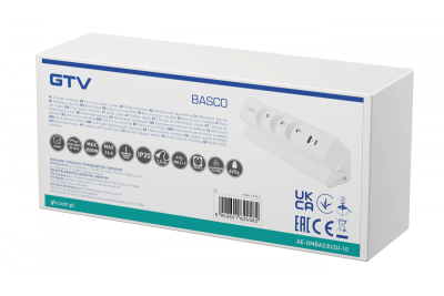 Priză mobilier Basco, 3 x priză cu împământare, USB A+C, cablu de 1,5m, alb cu montare