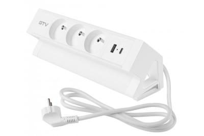 Priză mobilier Basco, 3 x priză cu împământare, USB A+C, cablu de 1,5m, alb cu montare