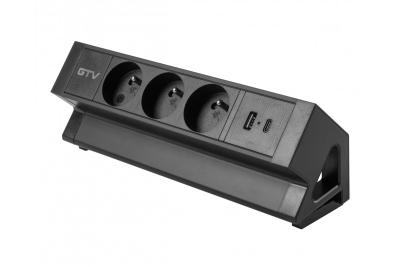 Priză mobilier Basco, 3 x priză cu împământare, USB A+C, cablu de 1,5m, negru cu montare