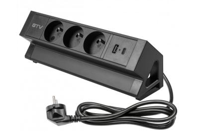 Priză mobilier Basco, 3 x priză cu împământare, USB A+C, cablu de 1,5m, negru cu montare