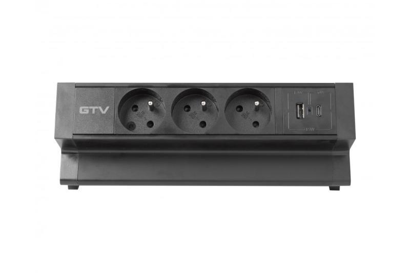 Priză mobilier Basco, 3 x priză cu împământare, USB A+C, cablu de 1,5m, negru cu montare