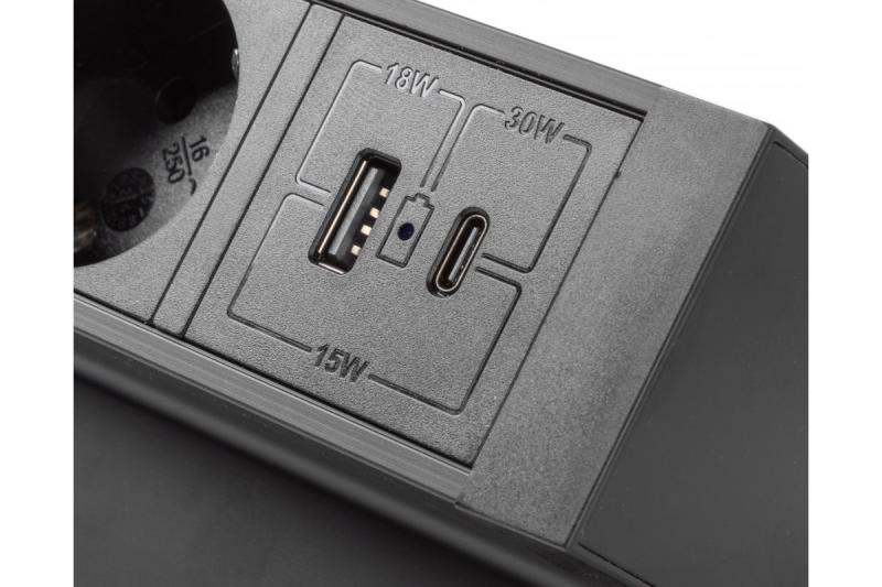 Priză mobilier Basco, 3 x priză cu împământare, USB A+C, cablu de 1,5m, negru cu montare