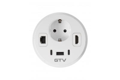 Priză de mobilier RONDO, 1xSHUKO, 1xUSB-A, 2xUSB-C, HDMI, cablu RJ45 1.5 m, alb