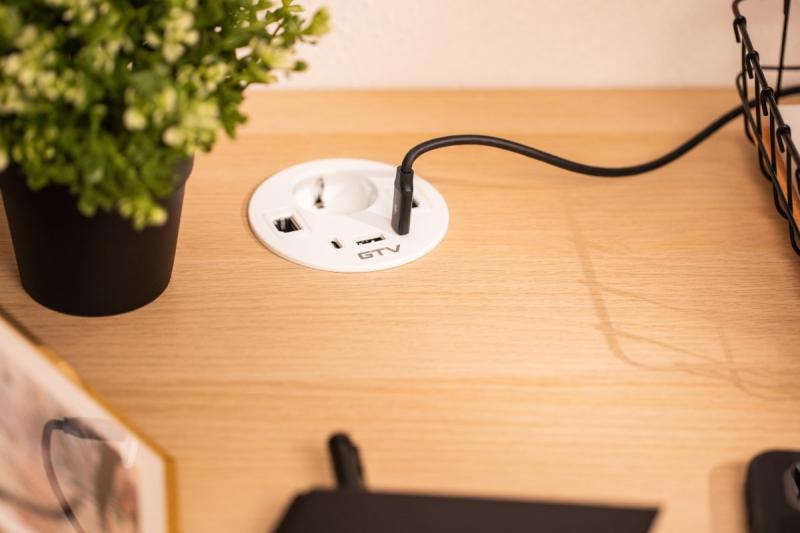 Priză de mobilier RONDO, 1xSHUKO, 1xUSB-A, 2xUSB-C, HDMI, cablu RJ45 1.5 m, alb