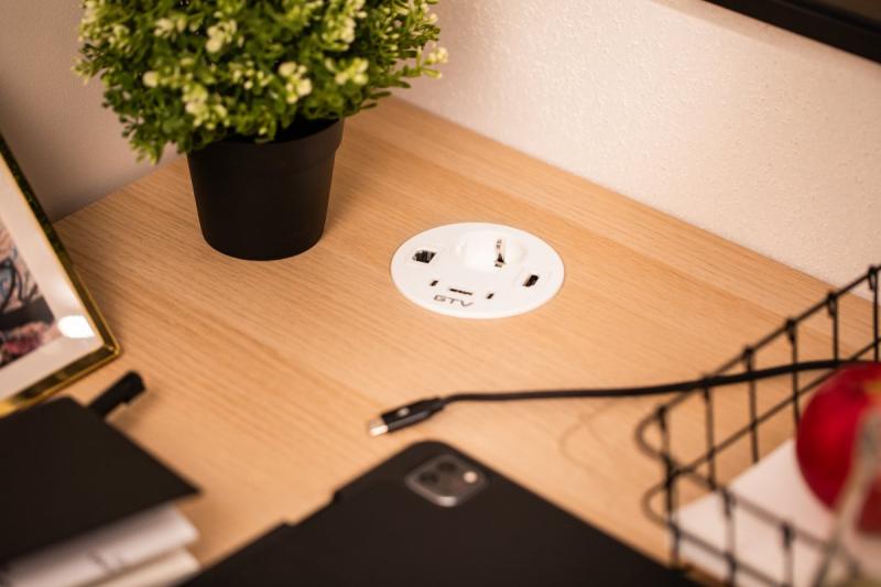 Priză de mobilier RONDO, 1xSHUKO, 1xUSB-A, 2xUSB-C, HDMI, cablu RJ45 1.5 m, alb