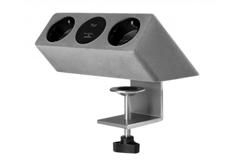 Priză pentru mobilier SOFITO, 2xSHUKO, USB A+C, cablu 1.5 m, gri catifelat